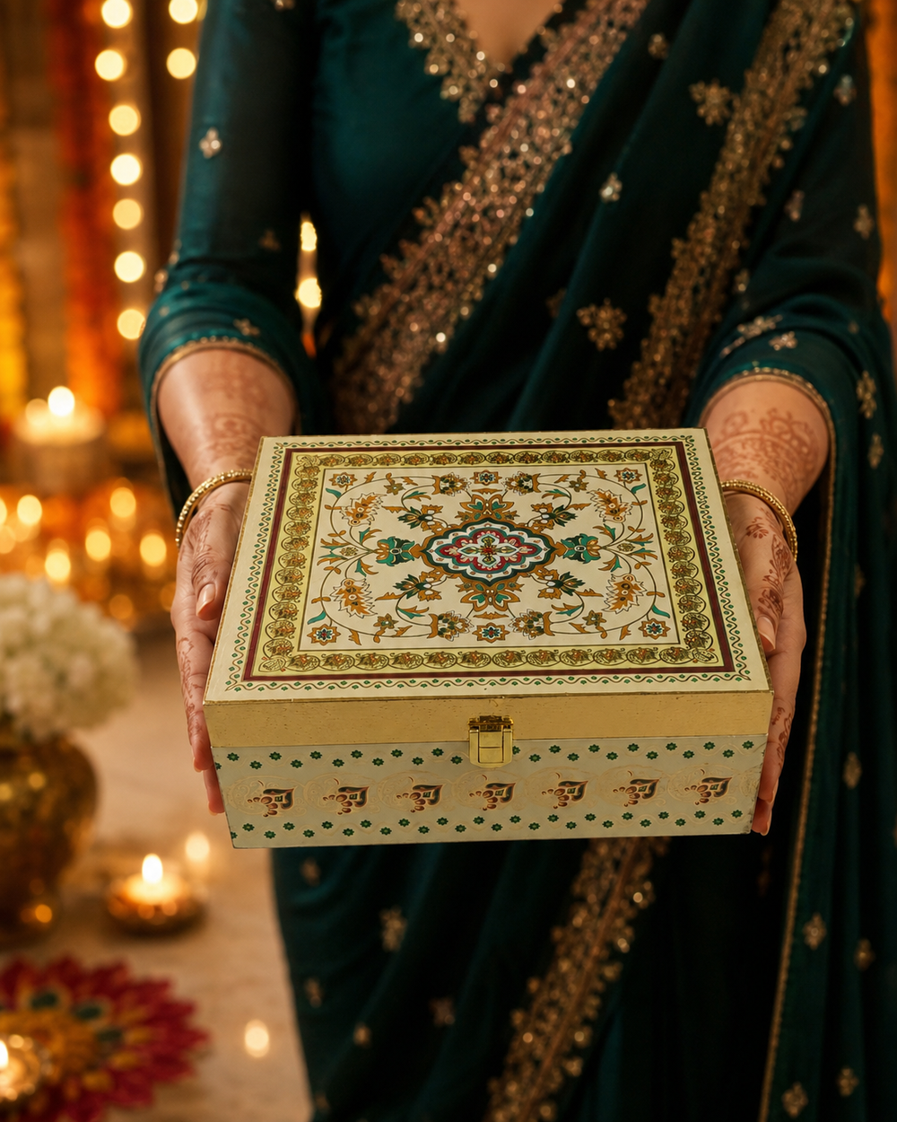 Meenakari wooden dry fruit gift box being handed over as a Diwali gift