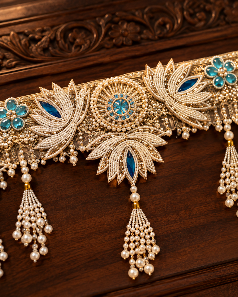 Close-up of the handmade pearl toran: pearl lotuses with blue centres, sunburst medallion with blue stone and pearl tassels