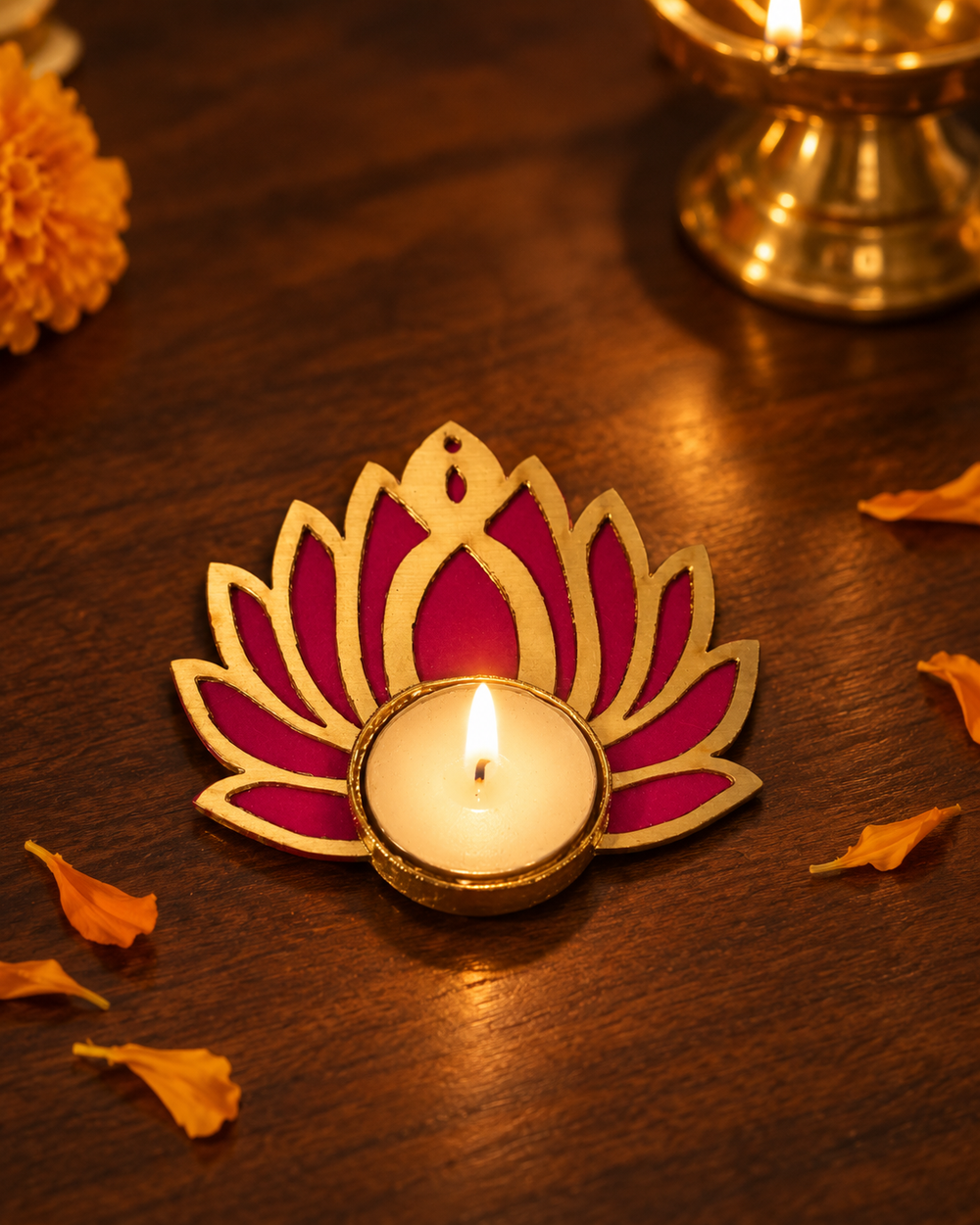 Lit pink lotus tealight diya glowing on a wooden table with marigold petals