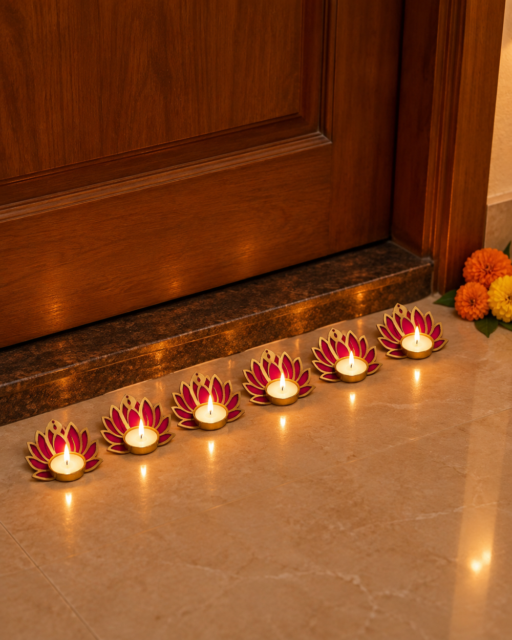 Pack of 6 pink lotus tealight diyas lit along a home entrance on Diwali