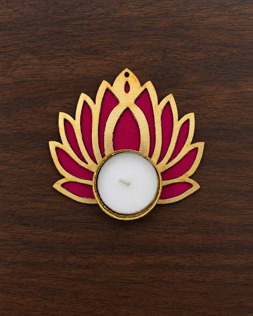 Pink Lotus Tealight Diya, a flat gold-finish metal lotus with pink cut-out petals and a tealight – Giftra