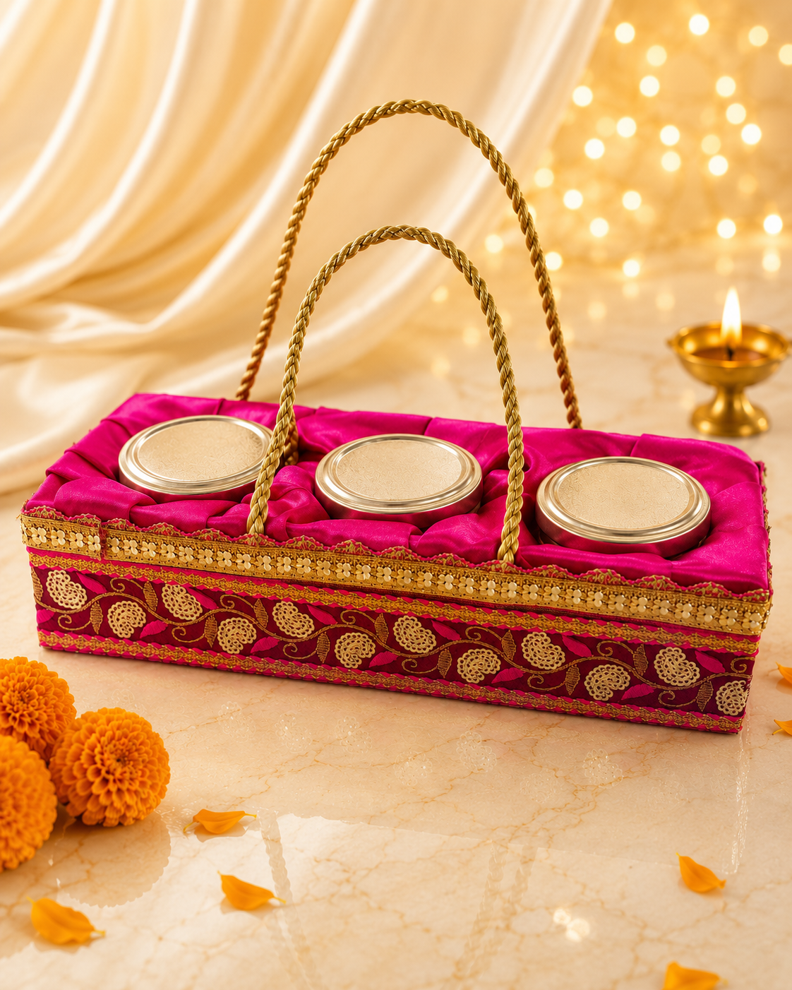 Pink satin dry fruit gift basket with golden rope handles holding 500g cashew, almond and pistachio in three glass jars