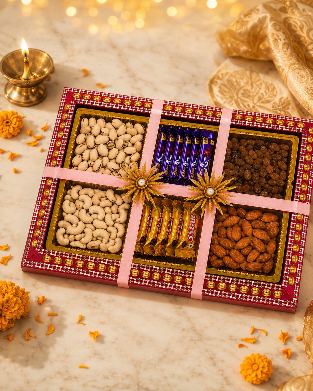 Premium dry fruit and chocolate gift box with almonds, cashews, pistachios, raisins, Dairy Milk and 5 Star