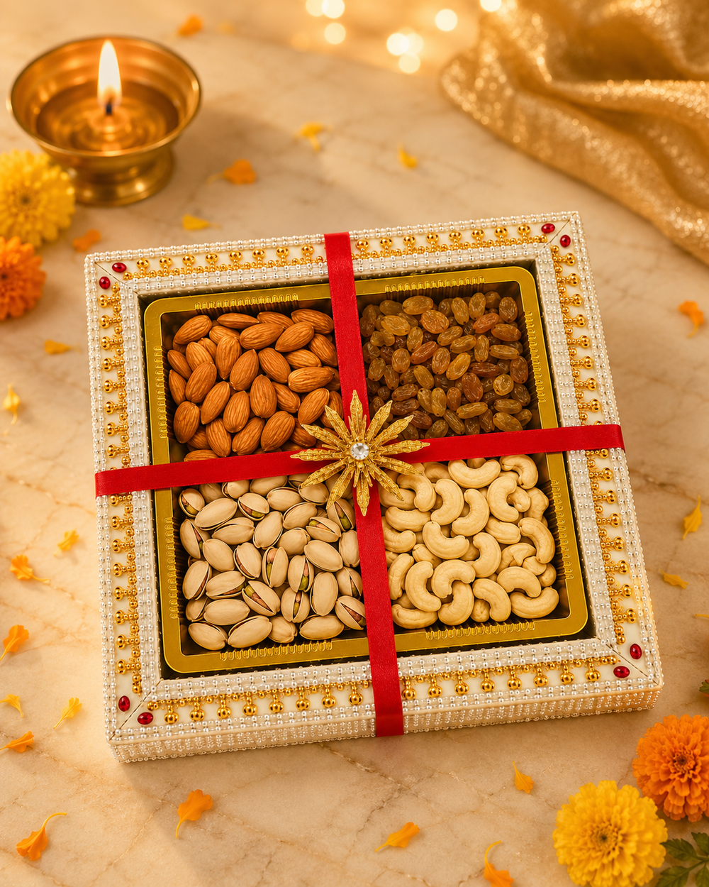 Premium dry fruit gift box with almonds, cashews, pistachios and raisins in a pearl and gold tray