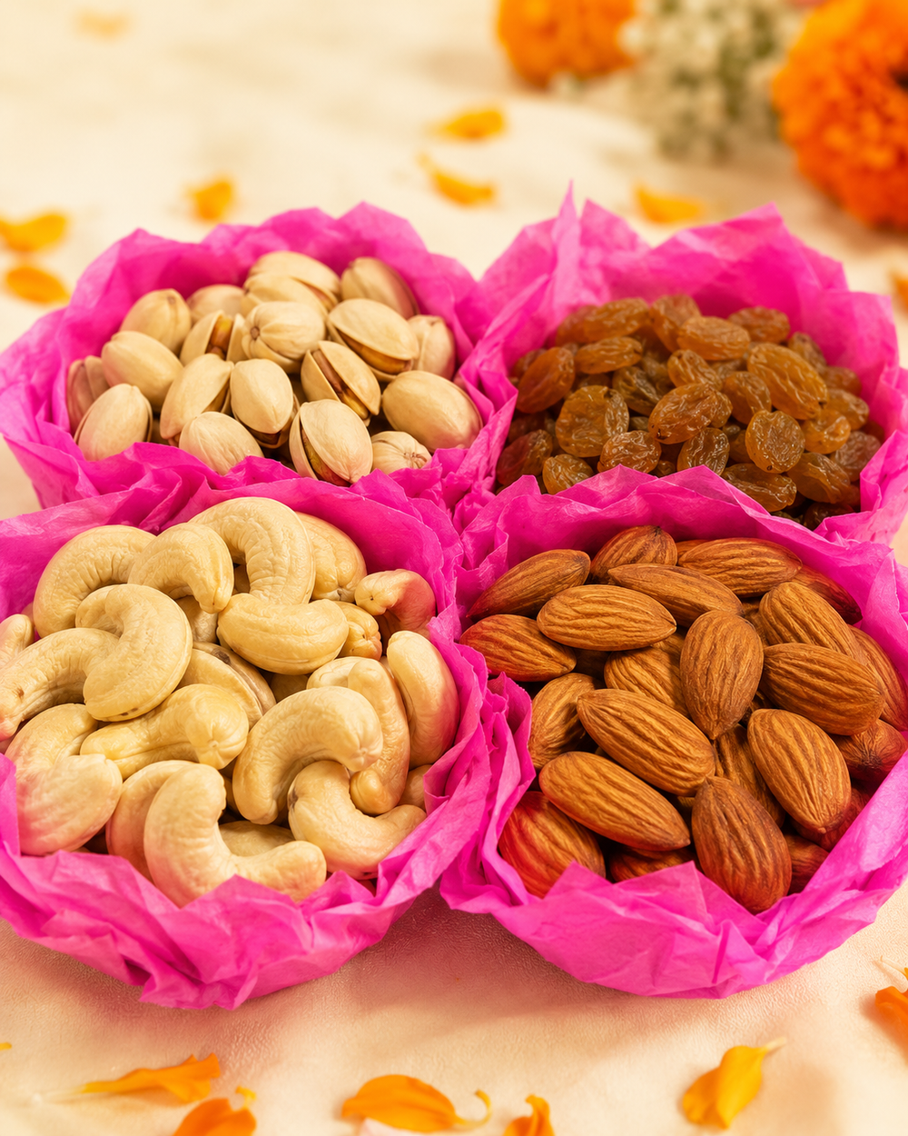 Close-up of premium cashews, almonds, pistachios and raisins in the Raksha Bandhan dry fruit hamper