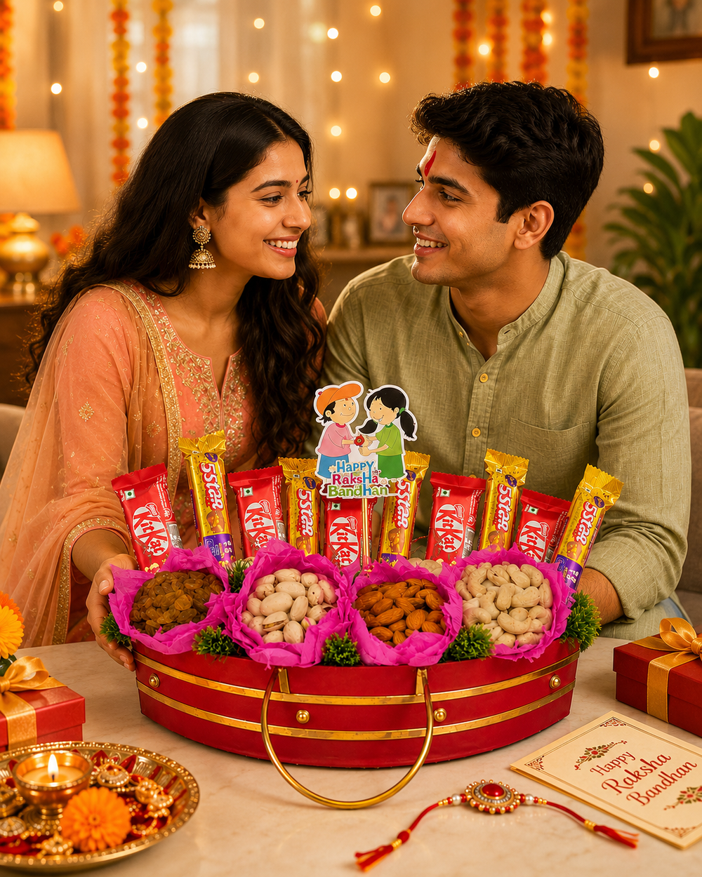 Brother and sister celebrating Raksha Bandhan with a Giftra dry fruit gift hamper