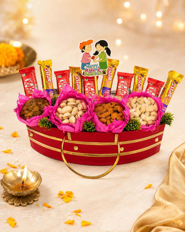 Raksha Bandhan dry fruit gift hamper with cashews, almonds, pistachios, raisins and chocolates in a red and gold basket