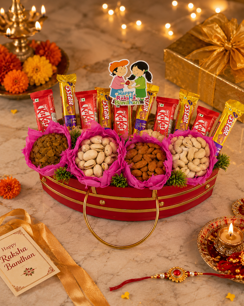 Festive Raksha Bandhan dry fruit gift basket with chocolates, diya and gift box in warm evening decor