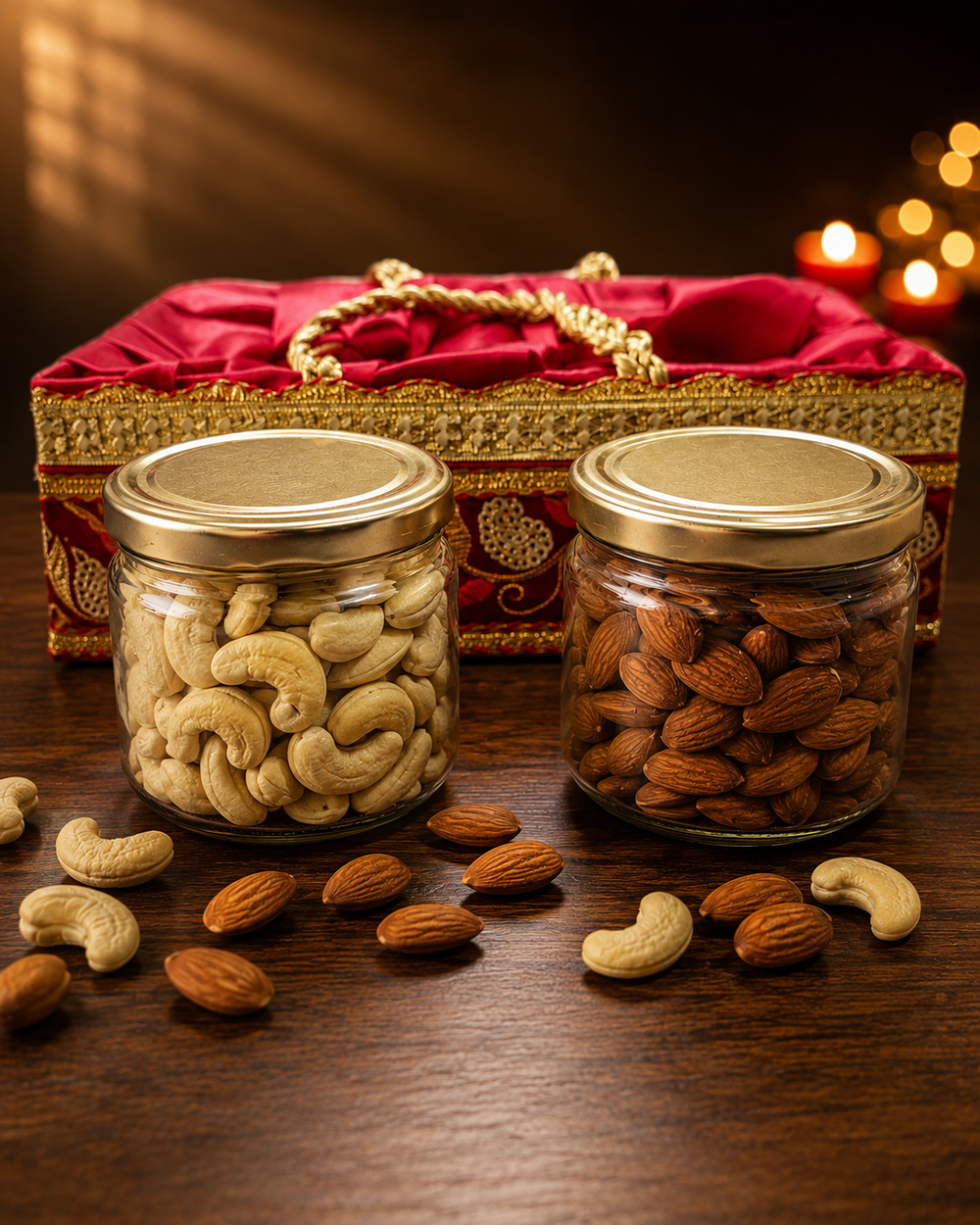 160g cashews and 180g almonds in sealed glass jars from the Giftra red satin dry fruit gift basket