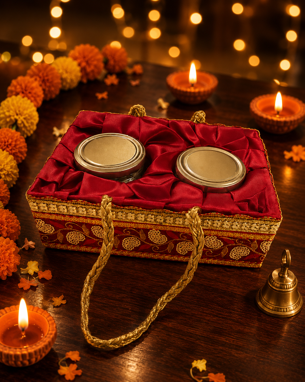 Red satin dry fruit gift basket styled for Diwali with clay diyas, marigold flowers and fairy lights
