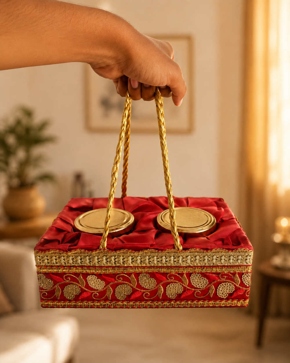Red satin dry fruit gift basket carried by its golden rope handles, showing size and gifting convenience