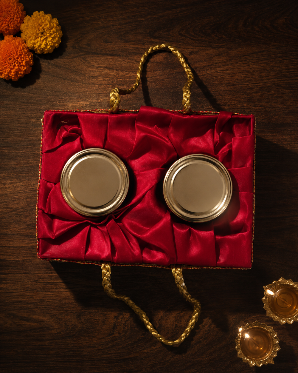 A red satin gift box with two round silver metal containers, decorated with gold braided handles, set on a dark wooden surface with festive marigold flowers.