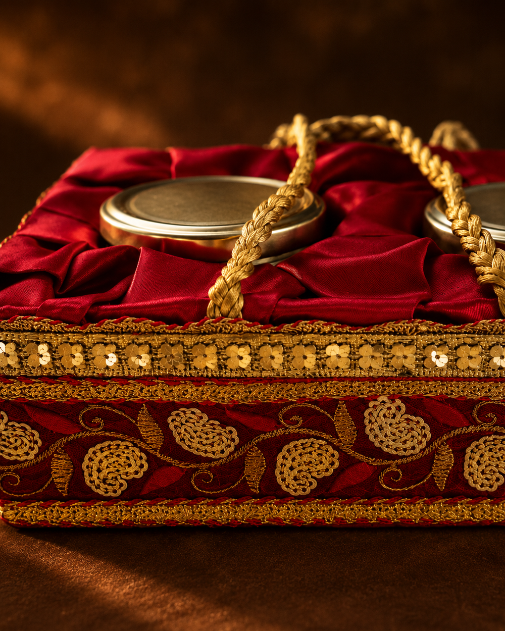 Gold zari paisley embroidery and sequin trim on the side of the red satin dry fruit gift basket