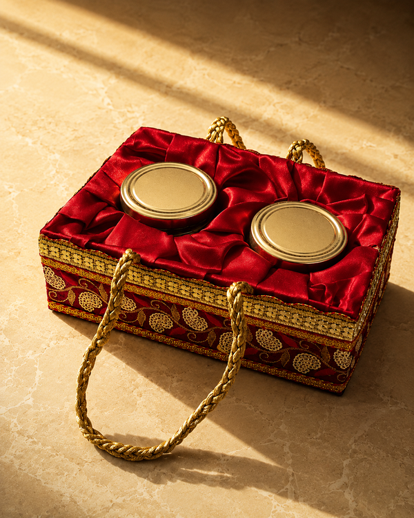 Red satin dry fruit gift basket with gold zari embroidery and rope handles holding two jars of almonds and cashews