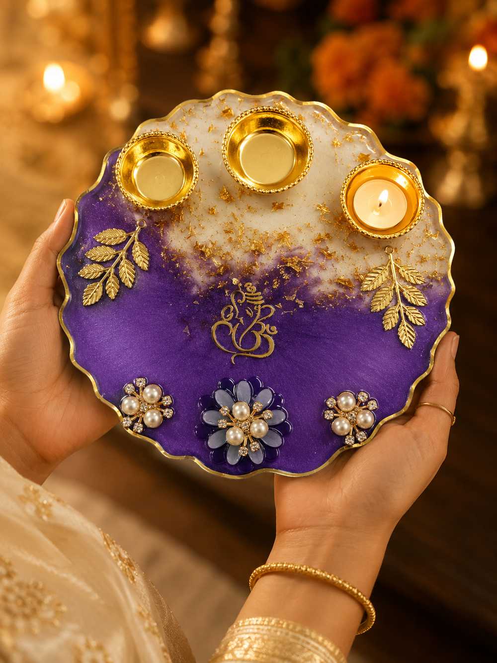 6 inch resin pooja thali held in hand during aarti, showing size and lightweight build
