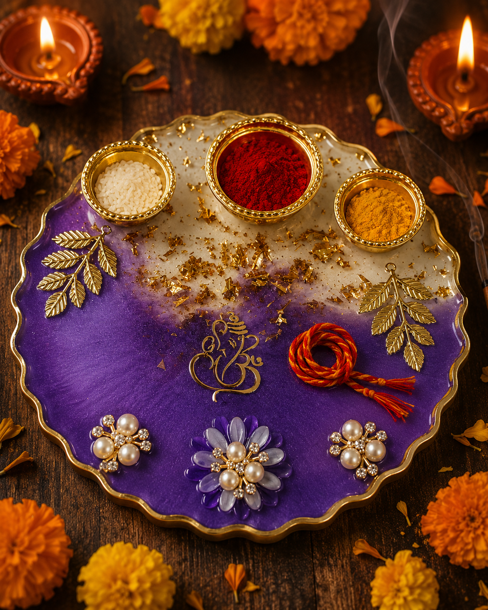 Violet resin pooja thali styled for Diwali with lit diyas, roli, chawal, haldi and marigold flowers