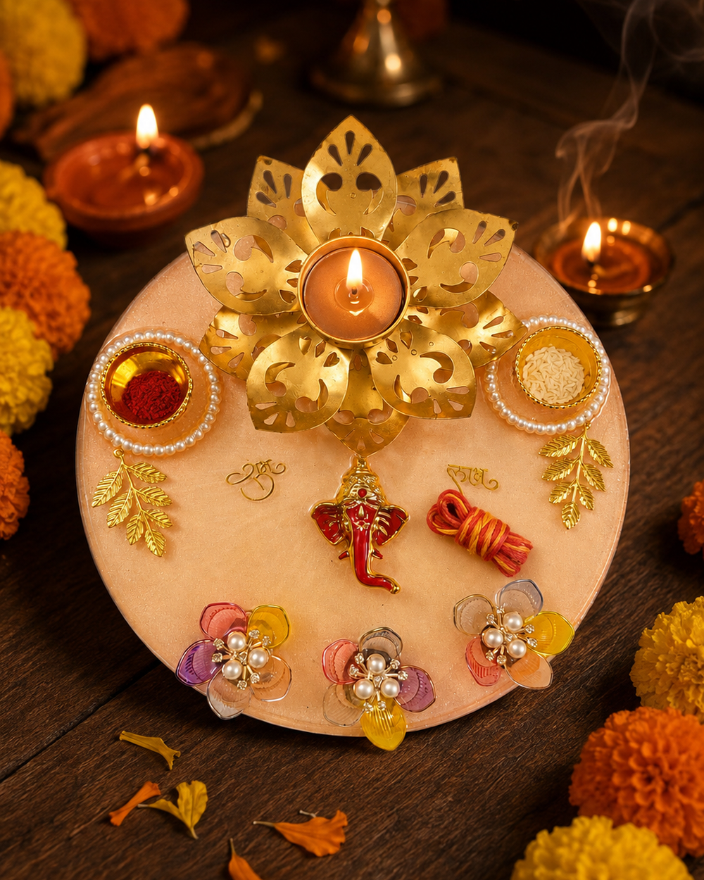Peach resin pooja thali styled for Diwali with a lit diya, roli, chawal and marigold flowers