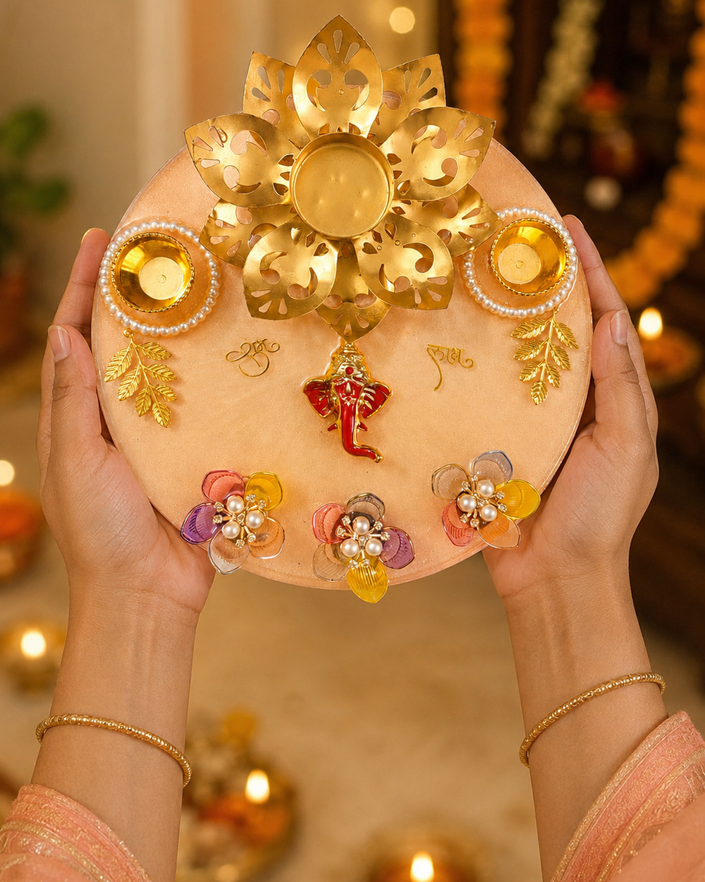 8 inch resin pooja thali held in hand during aarti, showing size and lightweight build