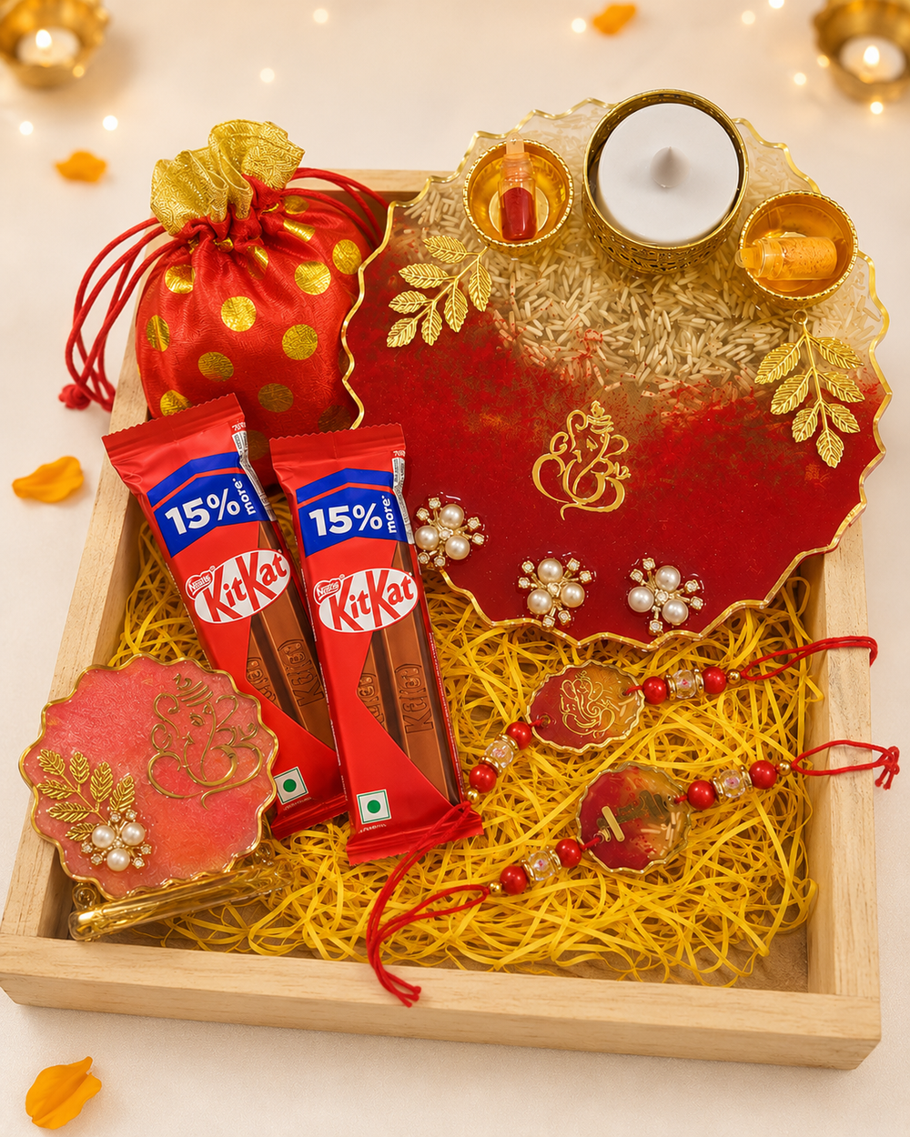 Handmade resin Rakhi gift hamper for brother with pooja thali, dry fruits and chocolate