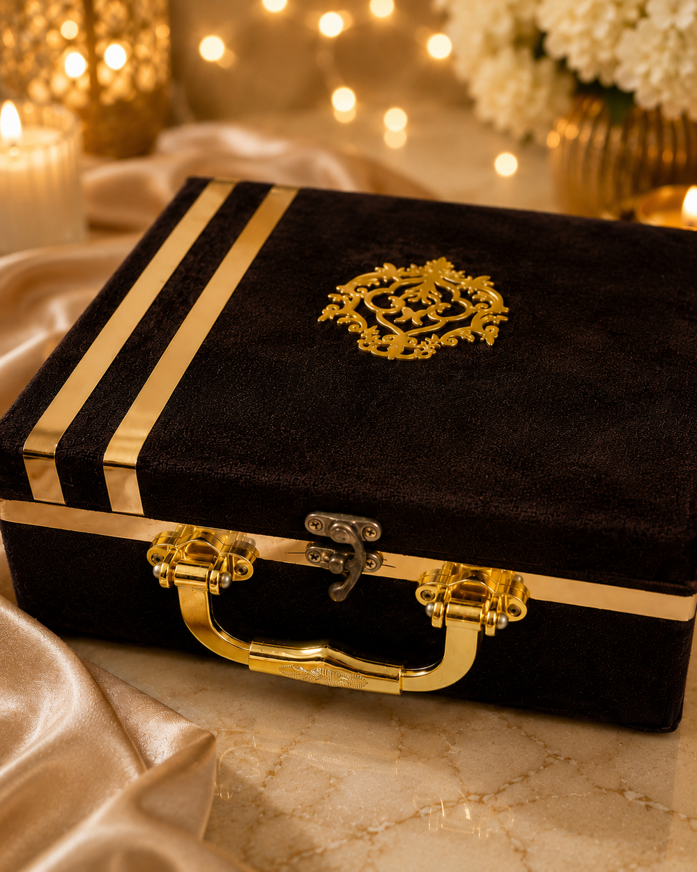 Closed velvet dry fruit gift trunk with gold foil crest, a reusable keepsake box