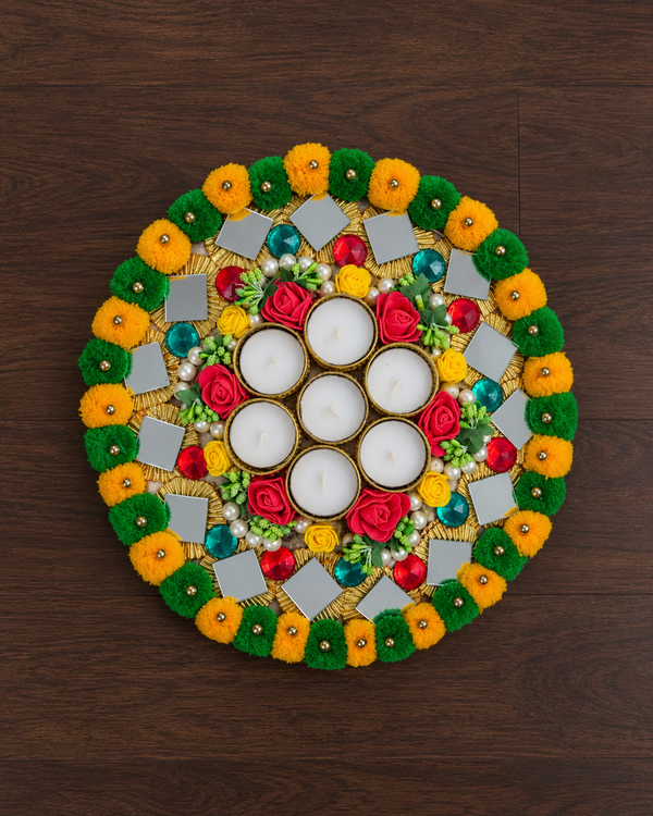Seven Light Rose Rangoli, a 12-inch reusable rangoli with 7 tealights, roses, mirrors and a pom-pom border – Giftra