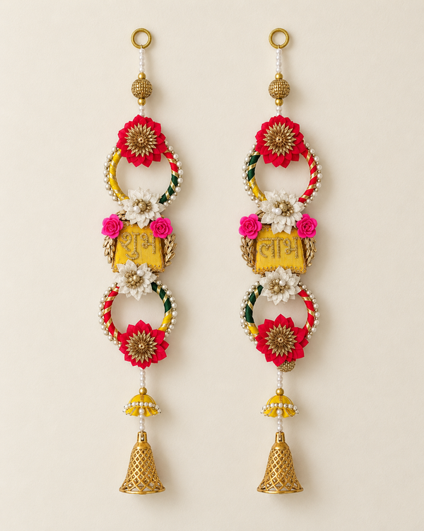 Shubh Labh door hanging pair with gota flowers, pearls and gold bells – Giftra