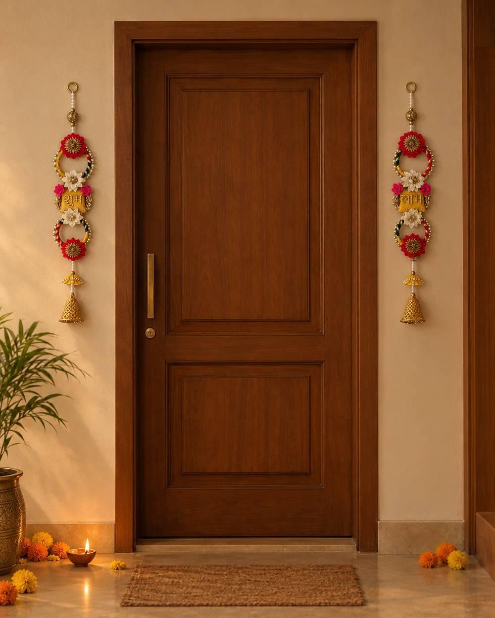 Shubh and Labh hangings on either side of a main door for Diwali, showing their 22-inch size