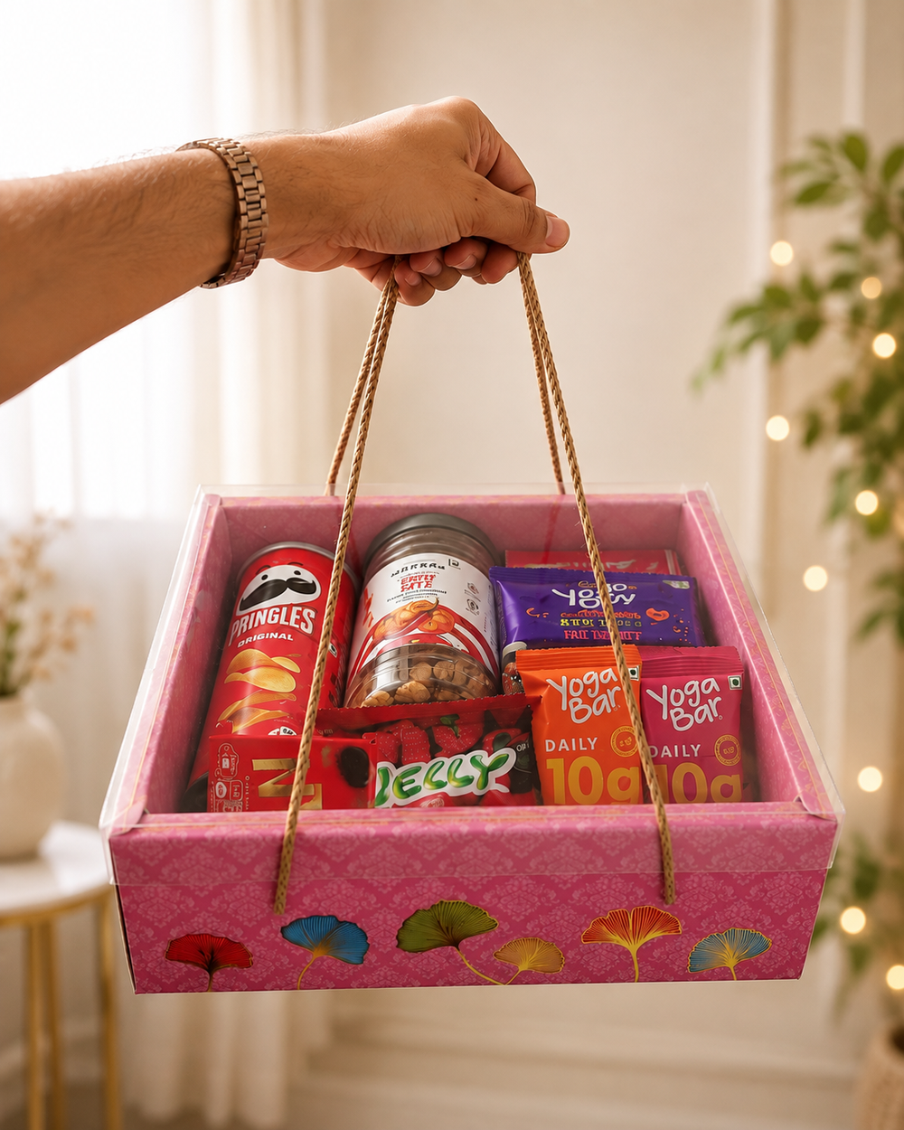 Snack gift hamper box held by its rope handle, ready to gift