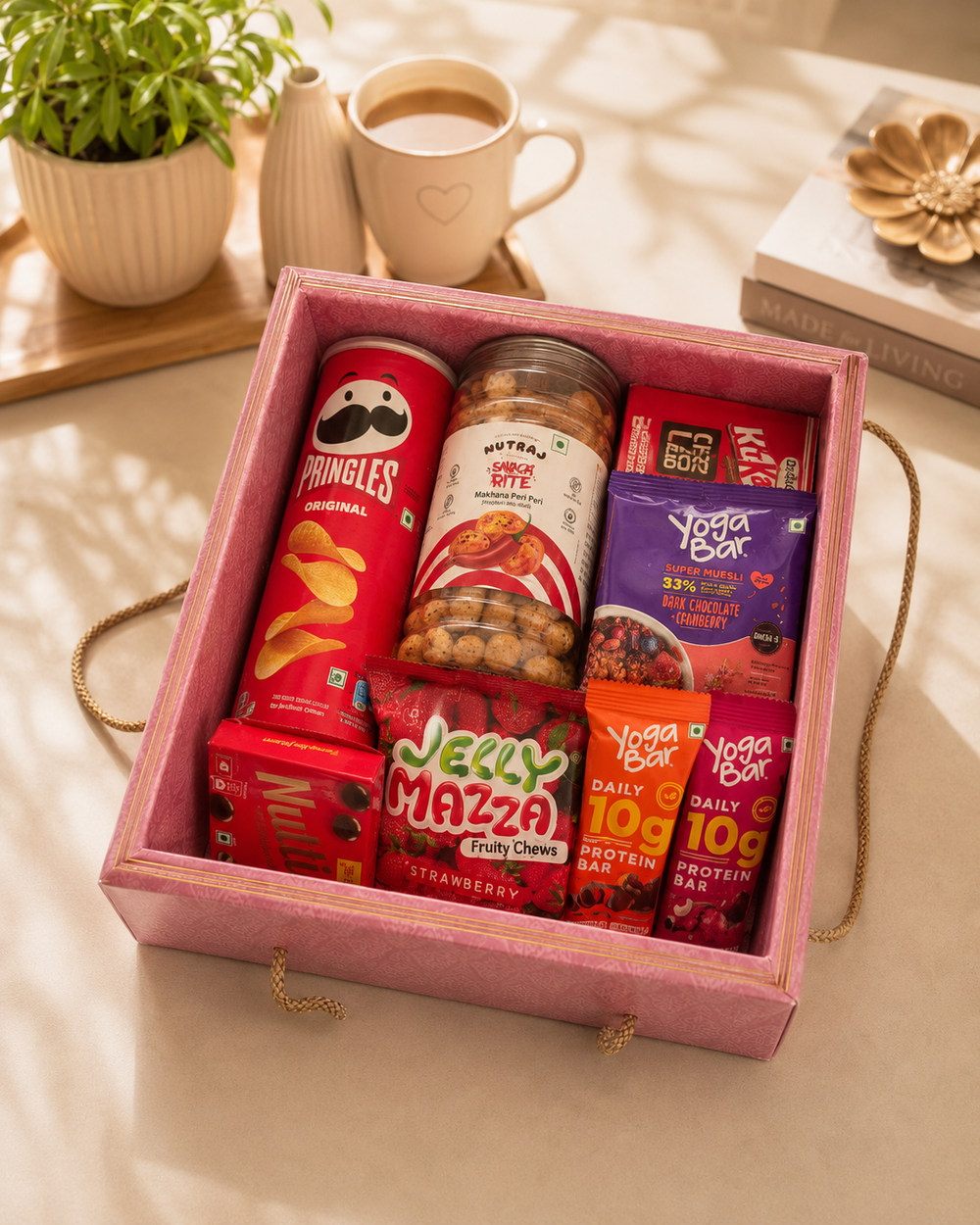 Pink snack gift box with clear lid, ready to gift for birthdays