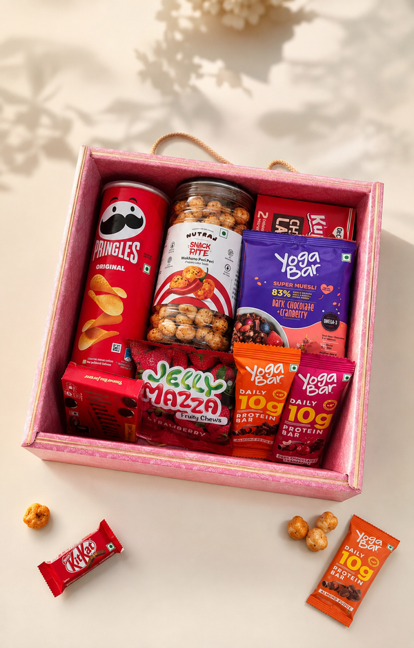 Snack gift hamper box with Pringles, Yoga Bar, makhana, Choco Lava and chocolates
