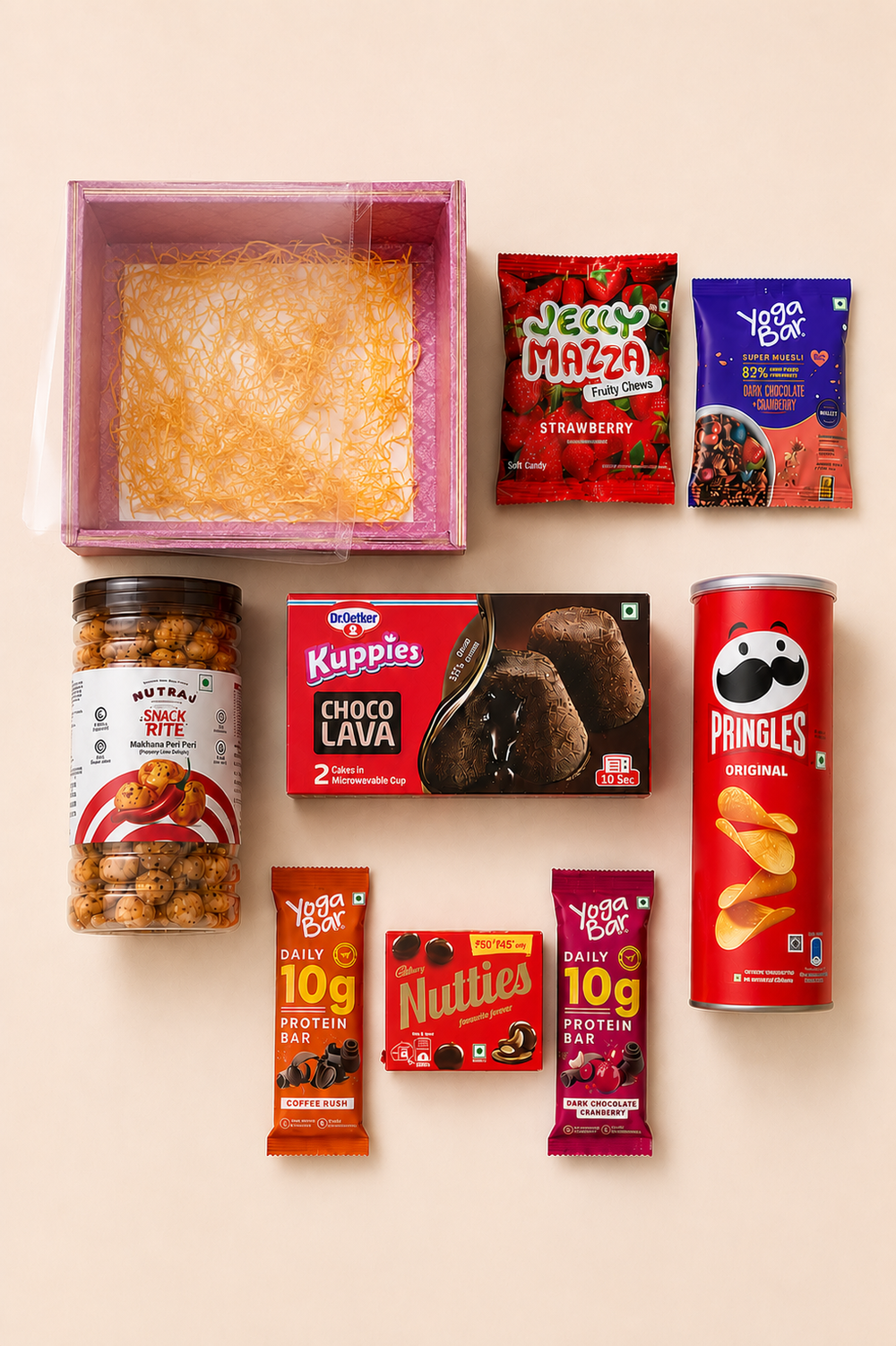 Snack gift hamper contents – Pringles, makhana, protein bars, muesli, lava cake and chocolates
