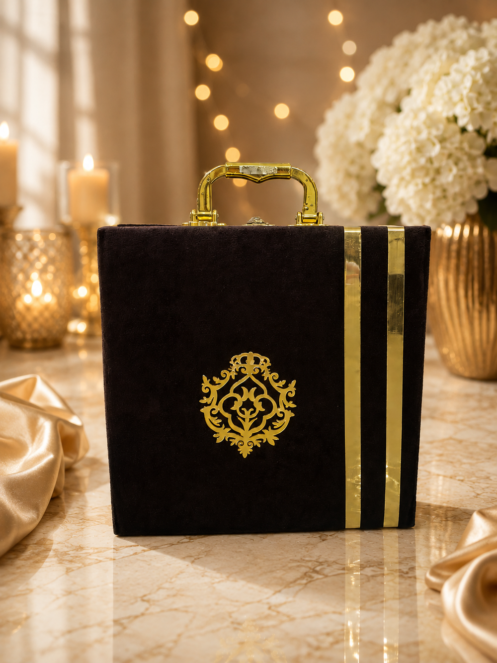 Velvet suitcase-style dry fruit gift box with gold carry handle and latch closure