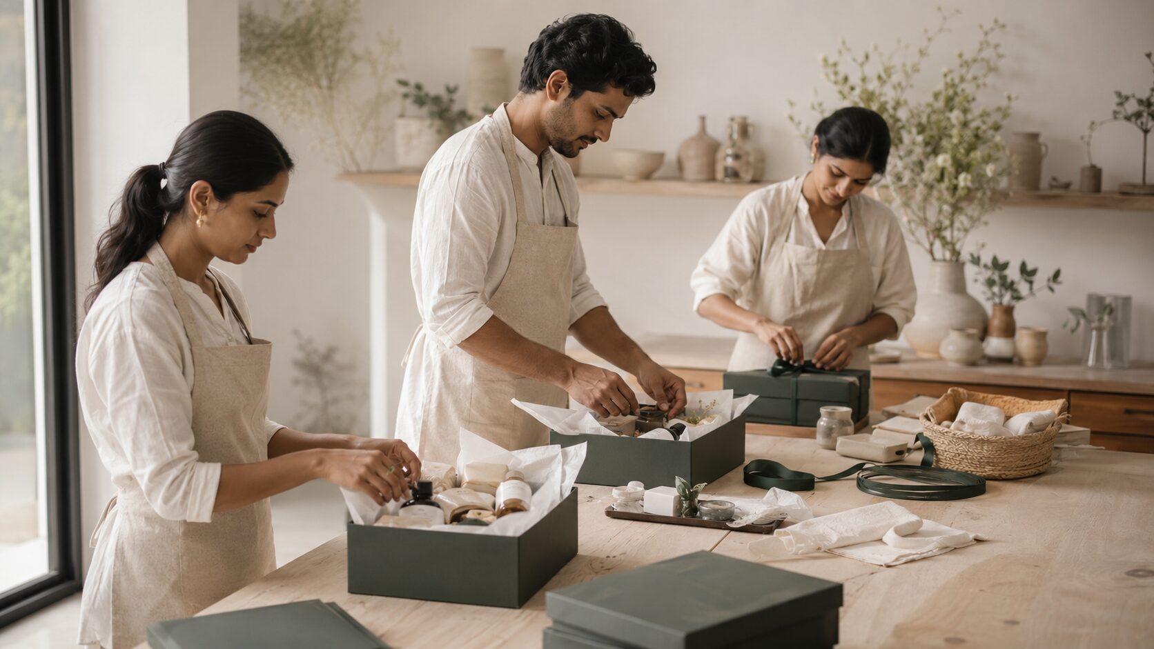 The Giftra team composing hampers by hand in our Raipur atelier
