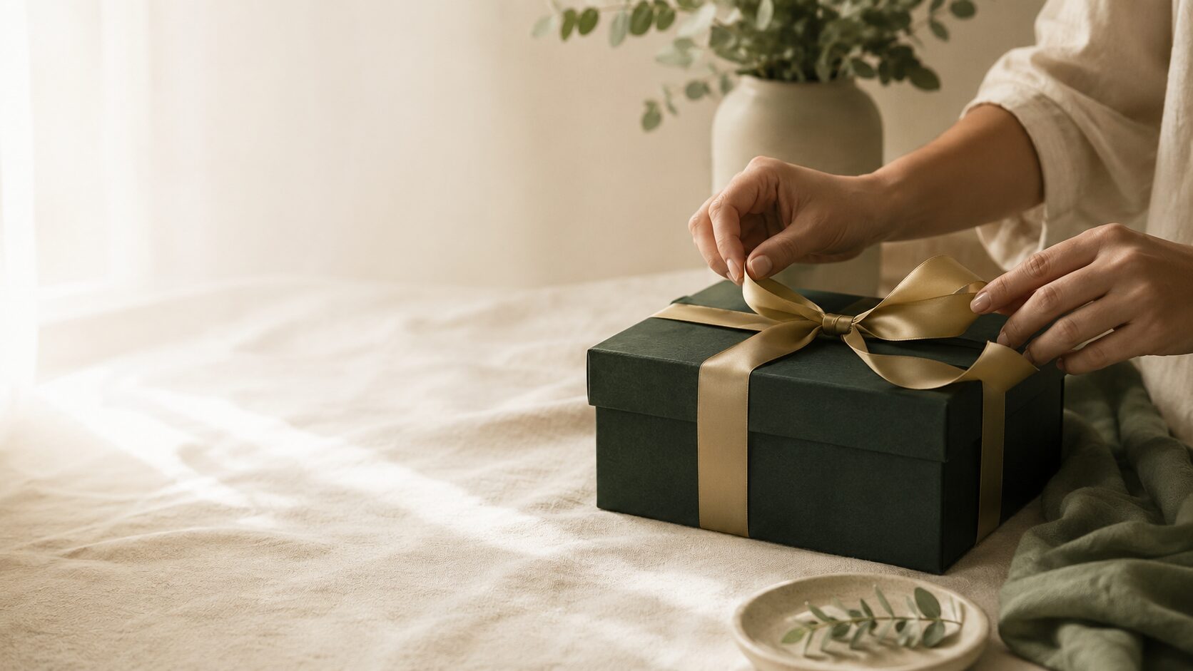 A Giftra gift box being tied by hand